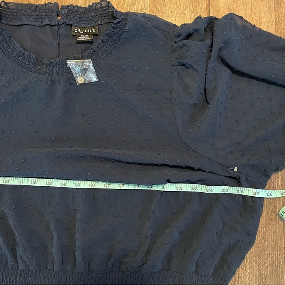 City Chic Tiered Sheer Long Puff Sleeve Navy Blue Mini Smocked Dress XXL - Picture 3 of 9